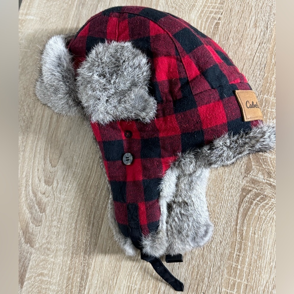 Cabelas Mad Bomber Trapper Hat Men’s S/M Plaid Rabbit Fur Adjustable